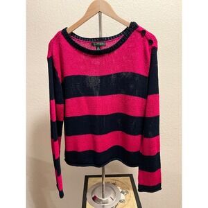 LAUREN Ralph Striped Knit Sweater Long Sleeve Boat Neck Shoulder Pink Navy XL